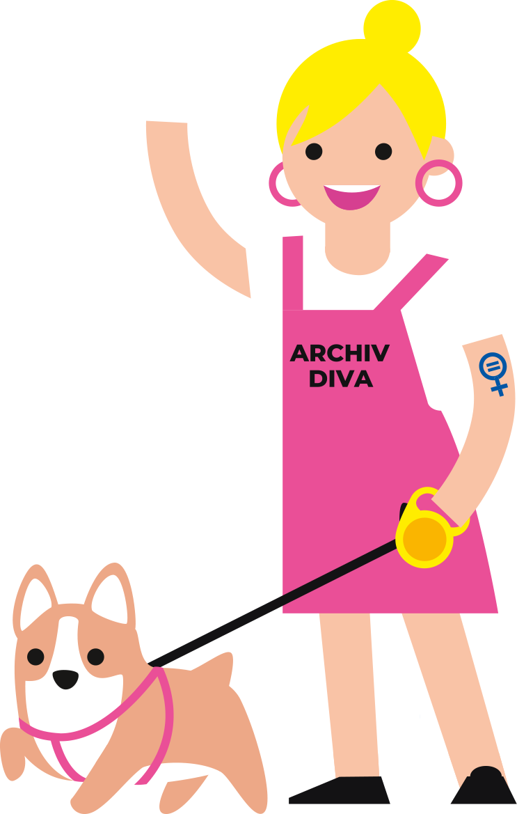 Eine Person mit Kleid, auf dem Archiv-Diva steht, winkt und hält einen Hund an der Leine.